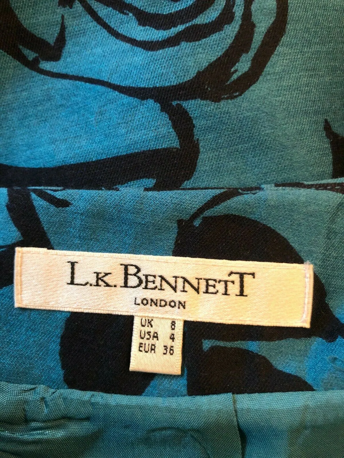 L.K. Bennett Teal & Black Floral Print Wool & Silk Skirt UK 8 US 4 EU 36