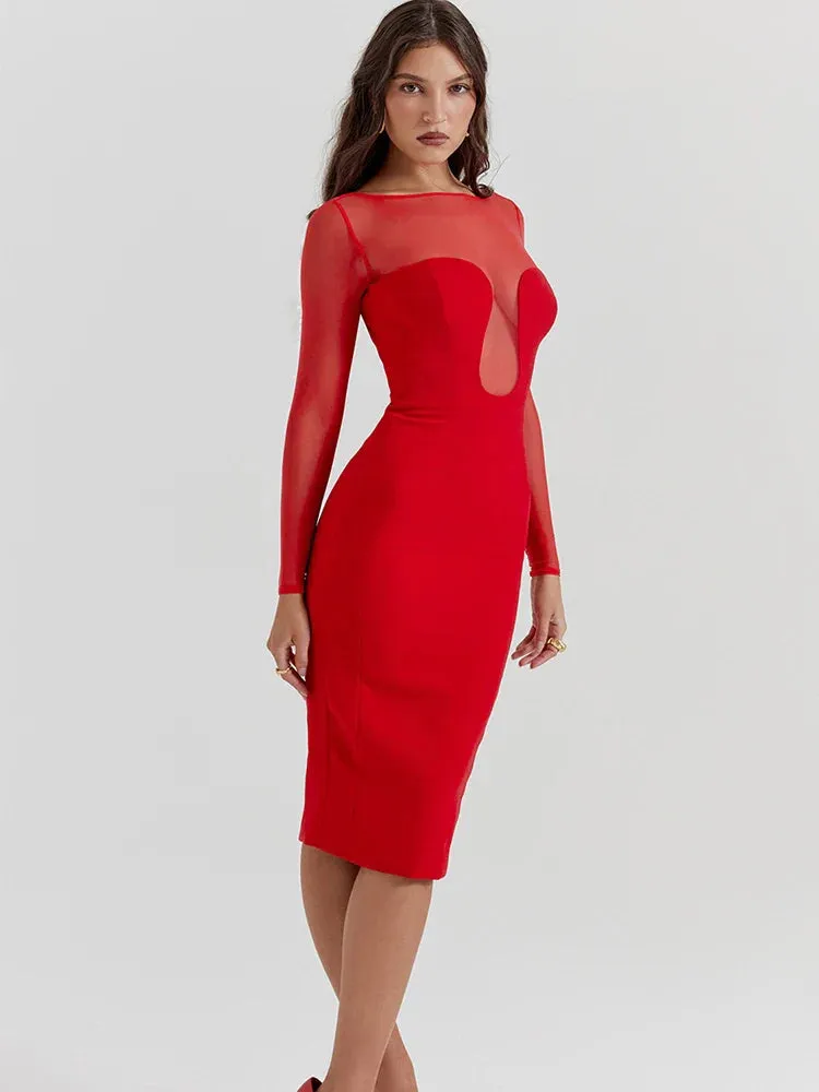 Long Sleeve Mesh Charming Bodycon Midi Dress