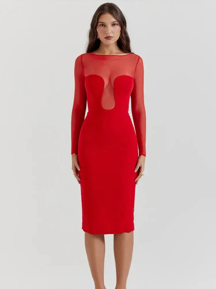 Long Sleeve Mesh Charming Bodycon Midi Dress