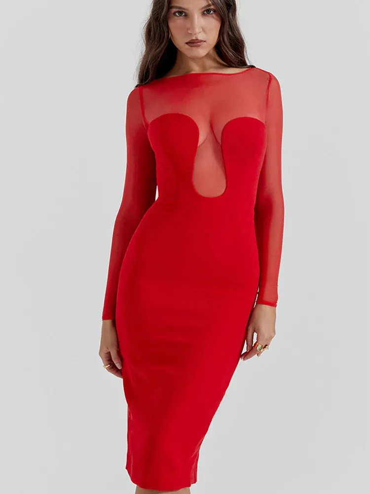 Long Sleeve Mesh Charming Bodycon Midi Dress