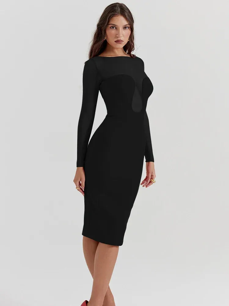 Long Sleeve Mesh Charming Bodycon Midi Dress