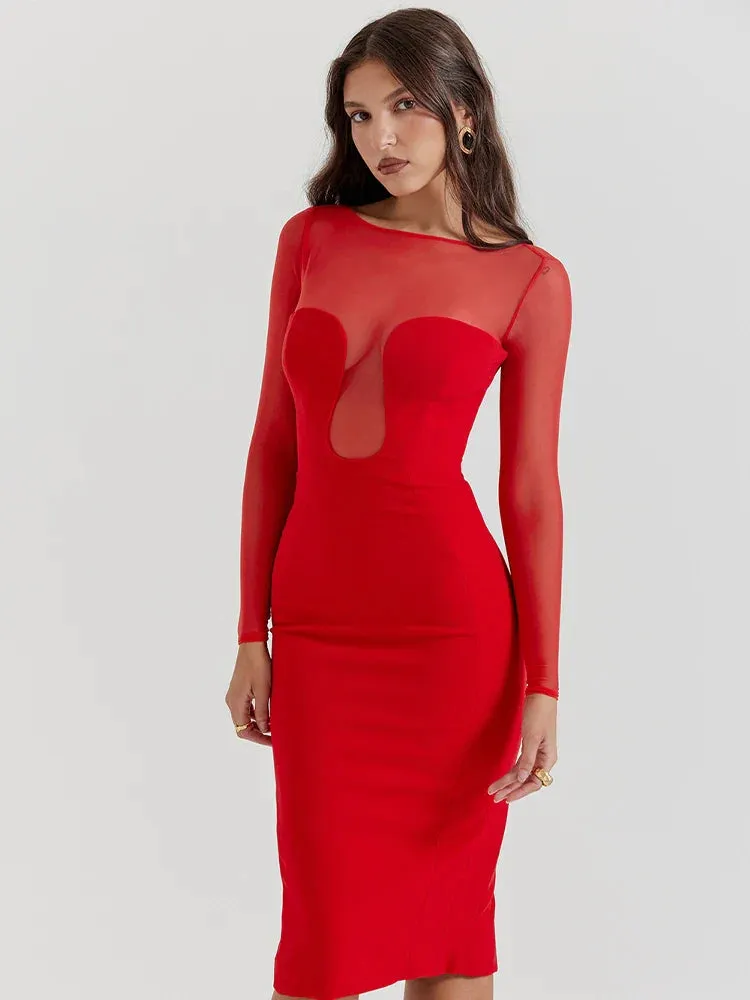 Long Sleeve Mesh Charming Bodycon Midi Dress