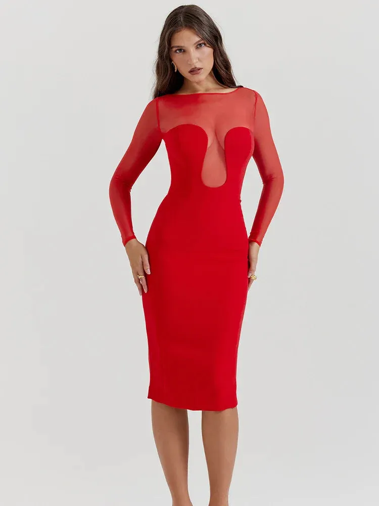 Long Sleeve Mesh Charming Bodycon Midi Dress