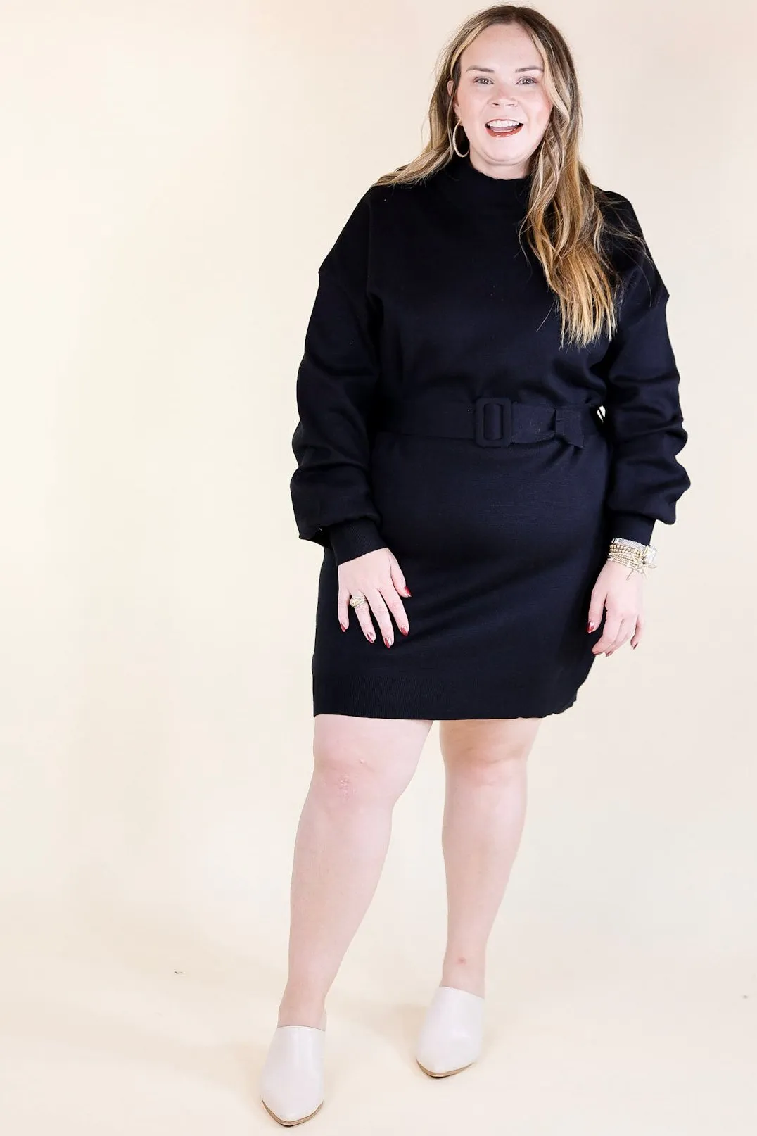 Luxurious Life Sweater Dress with Belt in Black