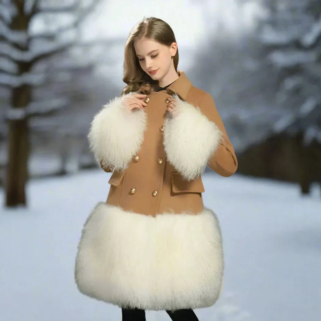 Luxurious Wool Mongolian Sheep Fur Cuffs Coat