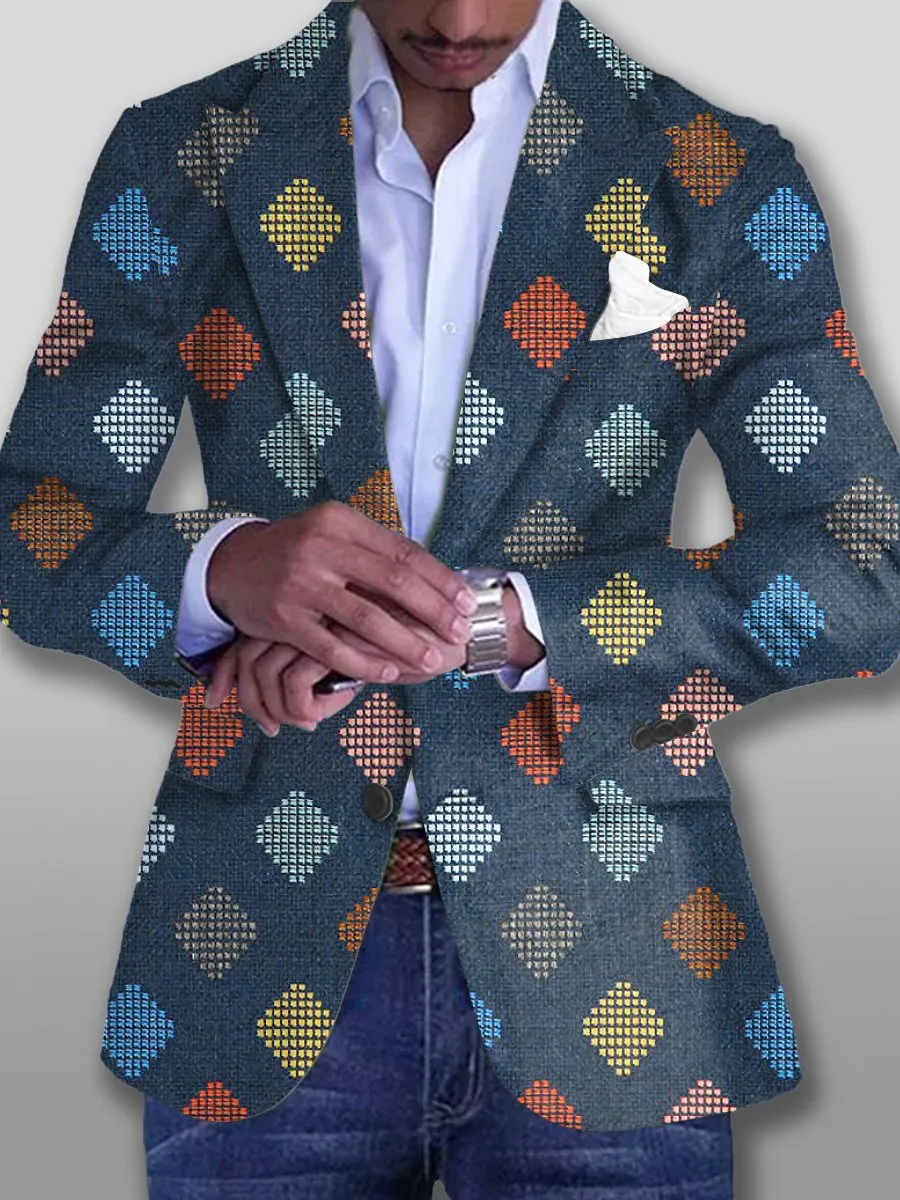 Men's Retro Colorful Geometric Print Single Breasted Blazer