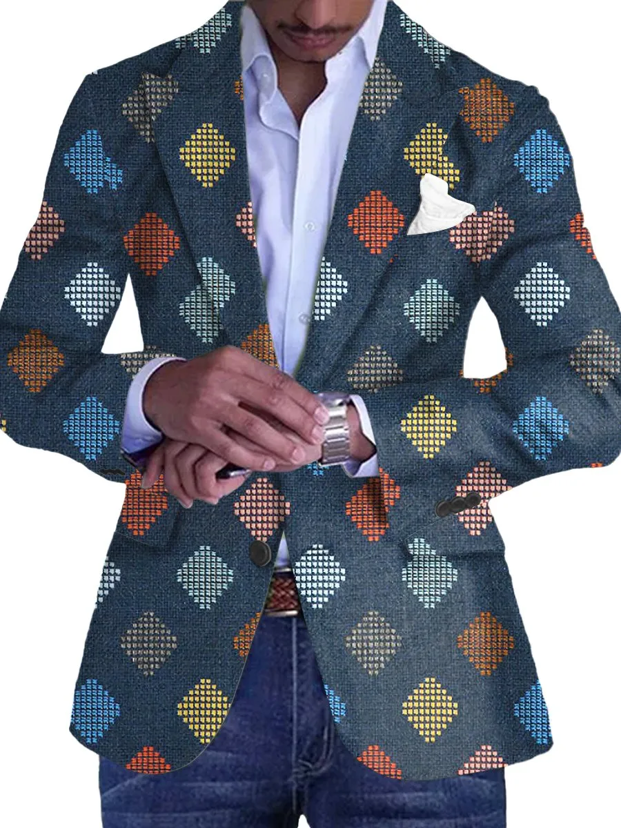 Men's Retro Colorful Geometric Print Single Breasted Blazer