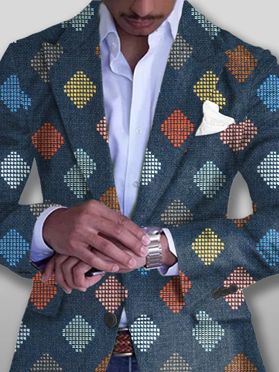 Men's Retro Colorful Geometric Print Single Breasted Blazer