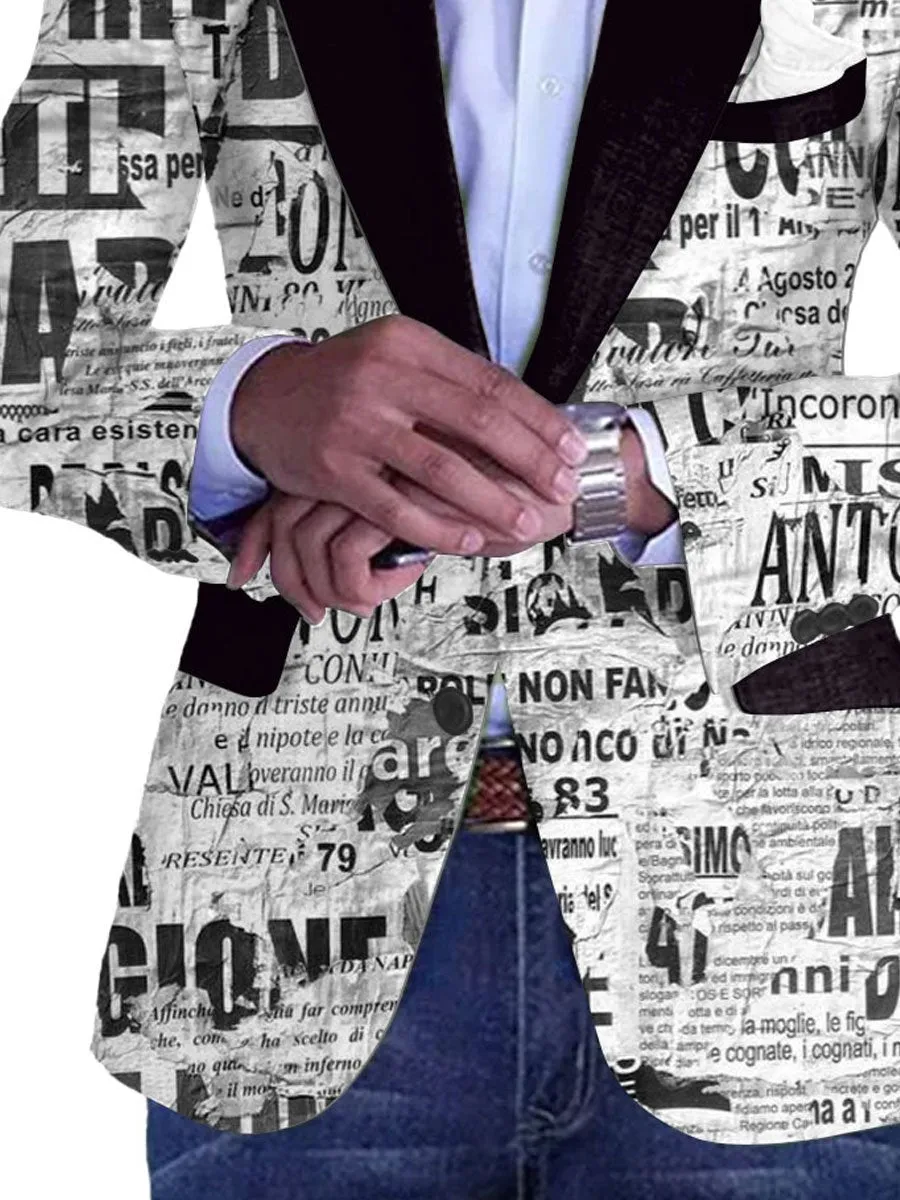 Men's Retro Newspaper Text Print Contrast Lapel Casual Blazer