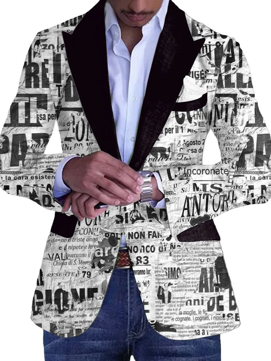 Men's Retro Newspaper Text Print Contrast Lapel Casual Blazer