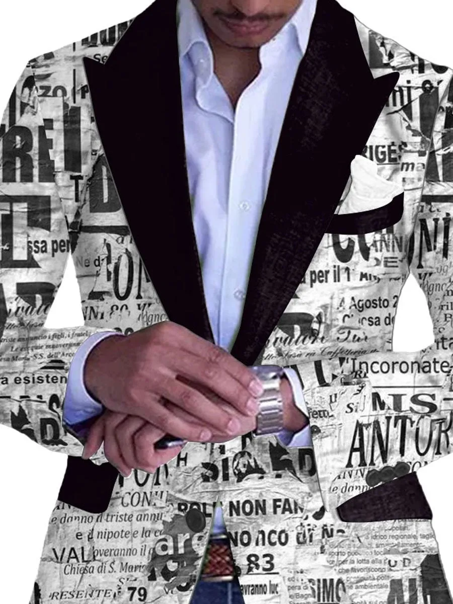 Men's Retro Newspaper Text Print Contrast Lapel Casual Blazer