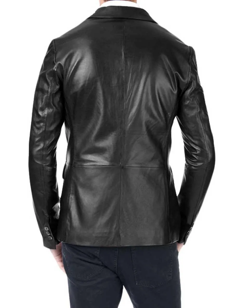 Men's TWO BUTTON Black Leather Blazer TB017