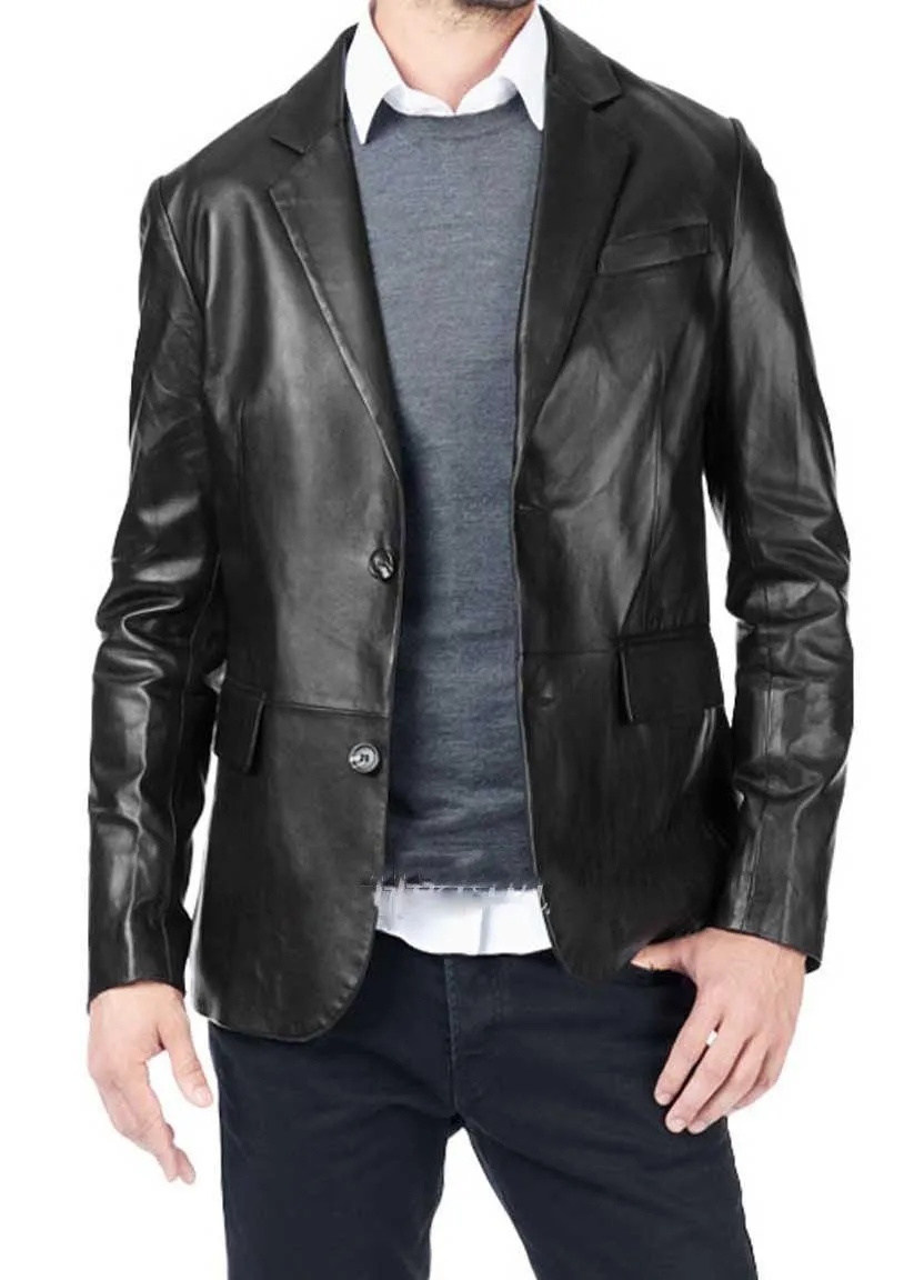 Men's TWO BUTTON Black Leather Blazer TB017