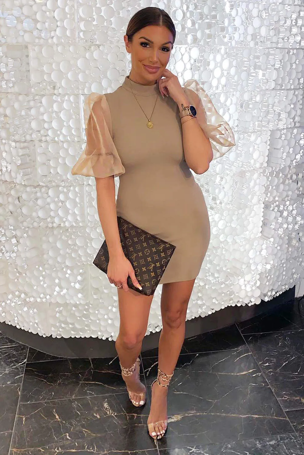 Mocha Puff Sleeve Bodycon Dress