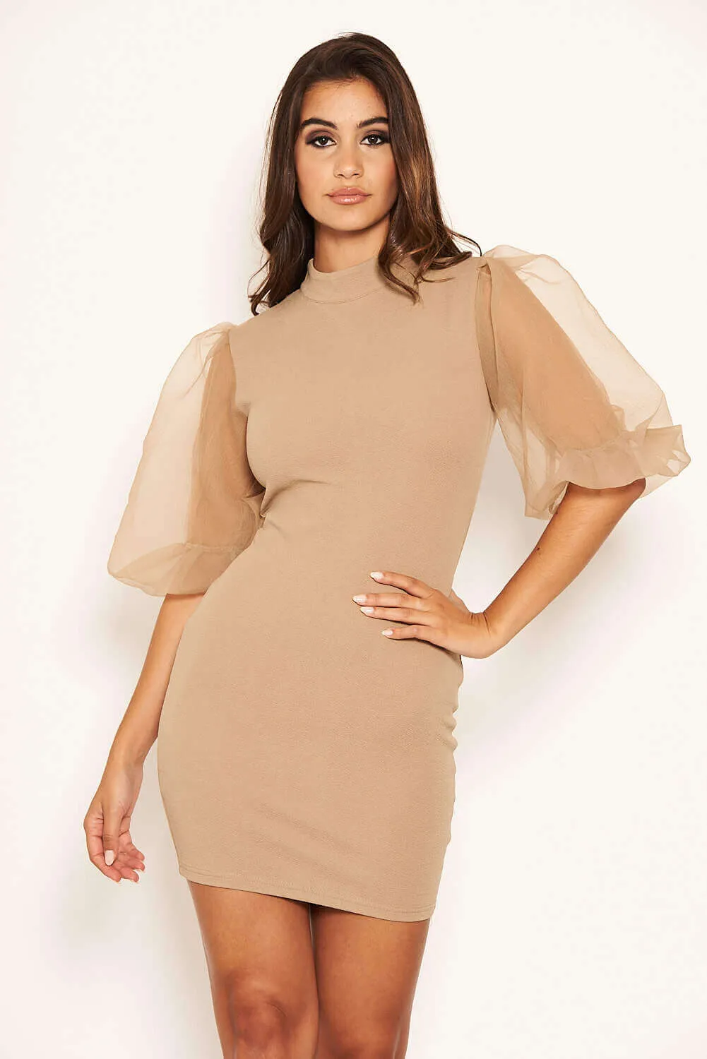 Mocha Puff Sleeve Bodycon Dress