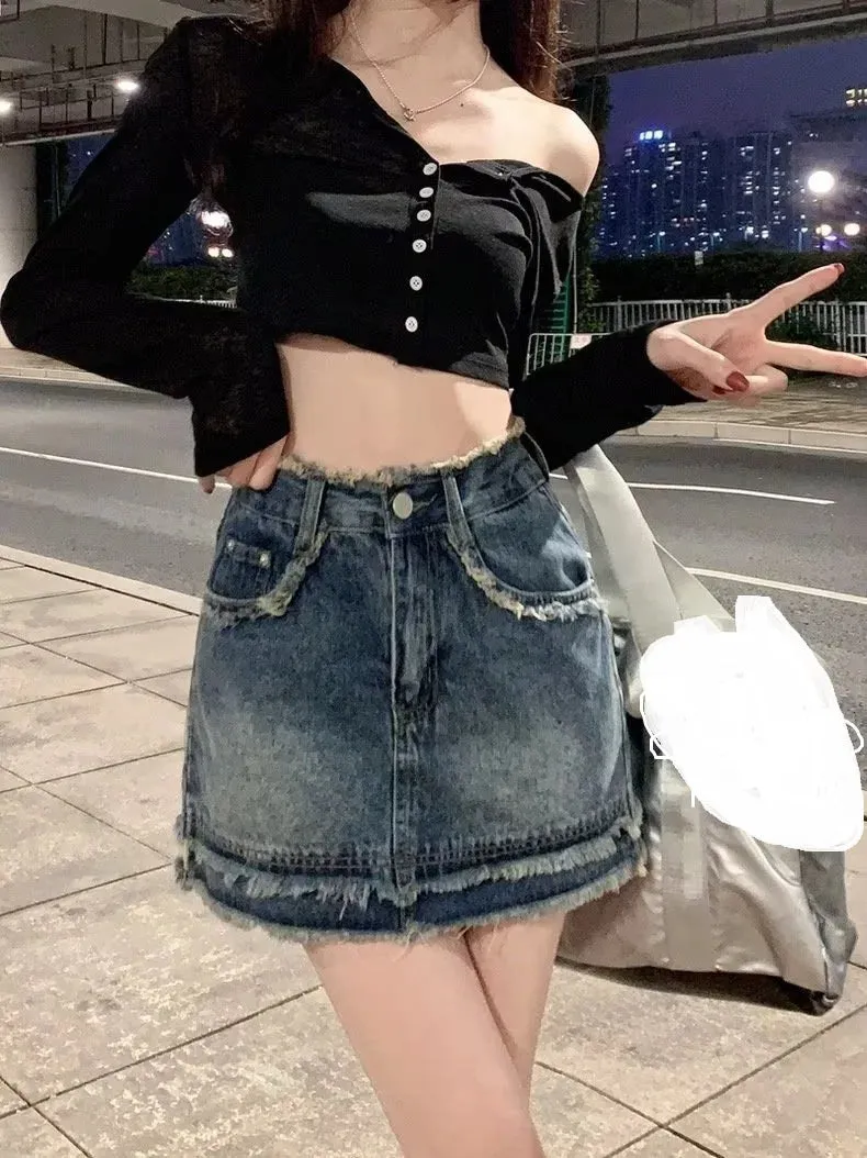 MQTIME  -   Spring/Summer New Korean Versatile Half Skirt Denim Short Skirt High Waist Slim A-line Wrap Hip Skirt Small Short Skirt