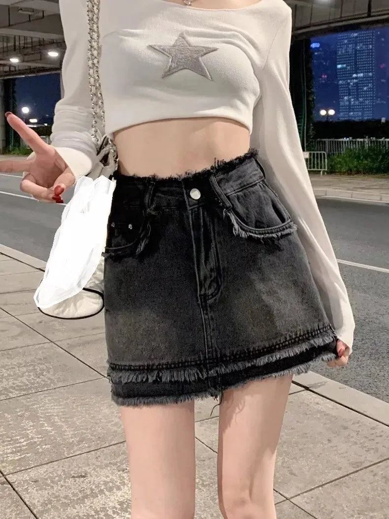 MQTIME  -   Spring/Summer New Korean Versatile Half Skirt Denim Short Skirt High Waist Slim A-line Wrap Hip Skirt Small Short Skirt