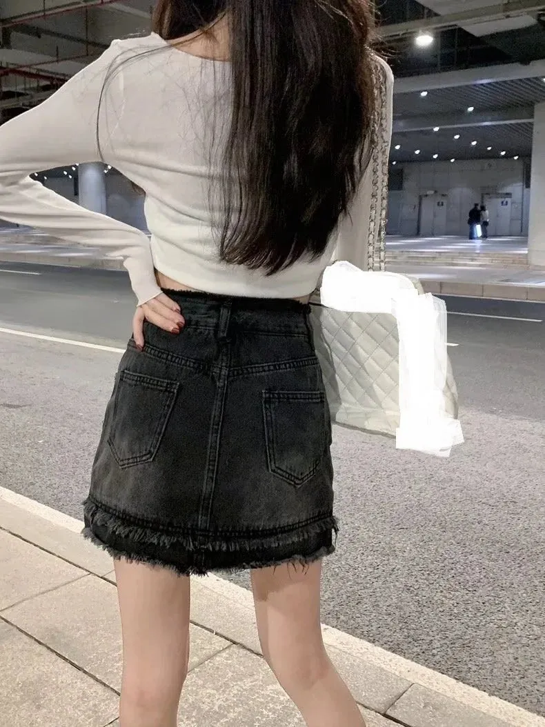 MQTIME  -   Spring/Summer New Korean Versatile Half Skirt Denim Short Skirt High Waist Slim A-line Wrap Hip Skirt Small Short Skirt