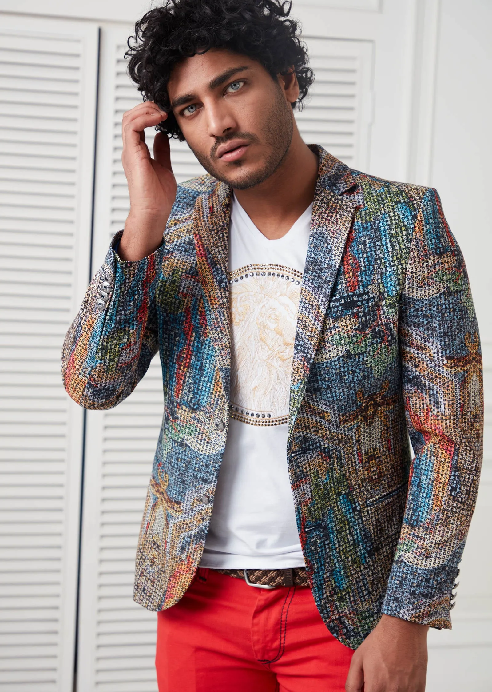 Navy Brown Mosaic Print Blazer