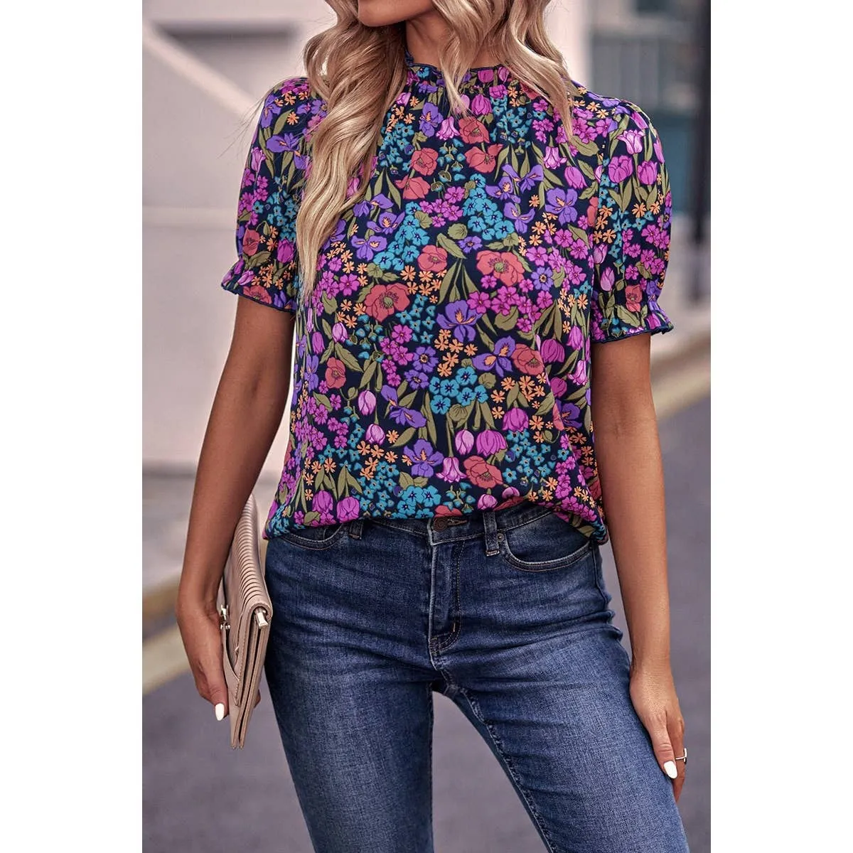 Navy Floral Print Elastic Sleeves Top