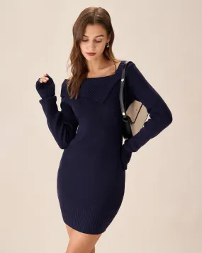 Navy Off The Shoulder Bodycon Sweater Dress