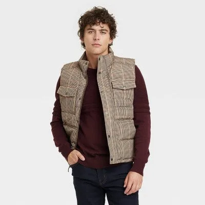 New - Goodfellow & Co Men's Zipper Snap Houndstooth Midweight Puffer Vest Corduroy