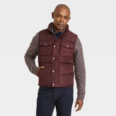 New - Goodfellow & Co Men's Zipper Snap Houndstooth Midweight Puffer Vest Corduroy