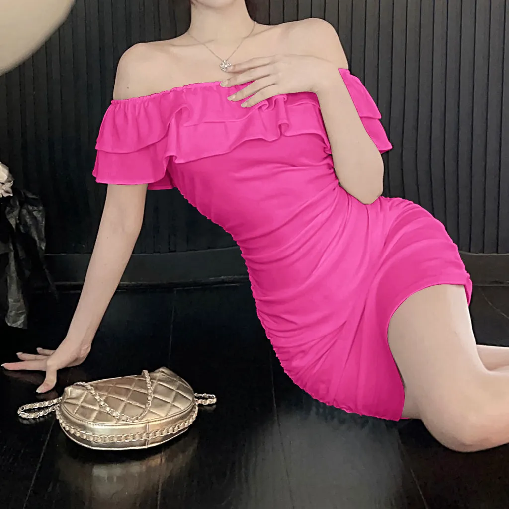 Off-The-Shoulder Double-Layer Ruffled Pleated Dress