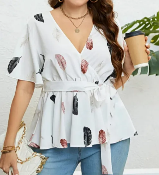 Plus Size White Feather Print Crisscross Ruffle Wrap Blouse