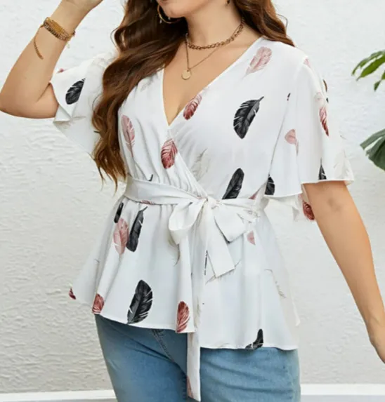 Plus Size White Feather Print Crisscross Ruffle Wrap Blouse