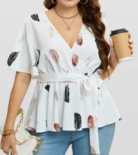 Plus Size White Feather Print Crisscross Ruffle Wrap Blouse