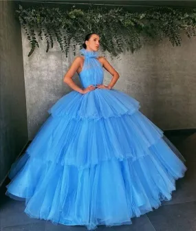 Princess Blue Prom Ball Gown Dresses with Layers Tulle Skirt       fg1231