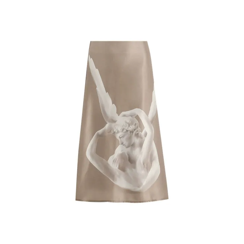 PURITY V-neck, loose matte gold sleeveless top, angel-print satin skirt- Gabriel