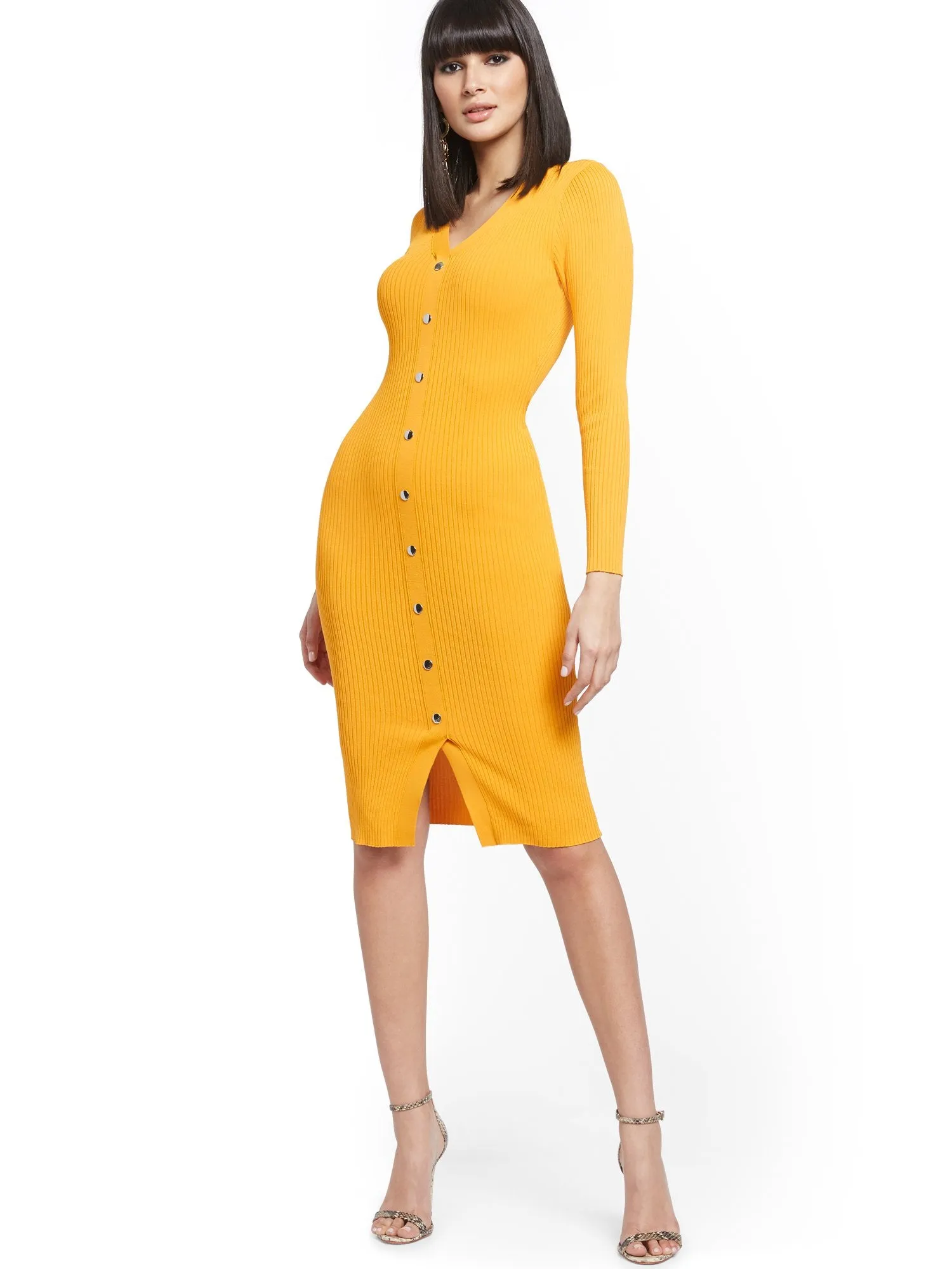 Ribbed Button-Front Sweater Sheath Dress