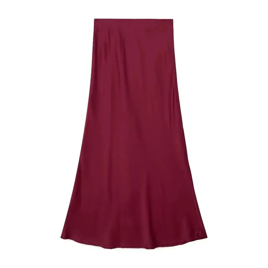 Satin A-Line Midi Skirt for Women – High Waist, Mid-Calf Length