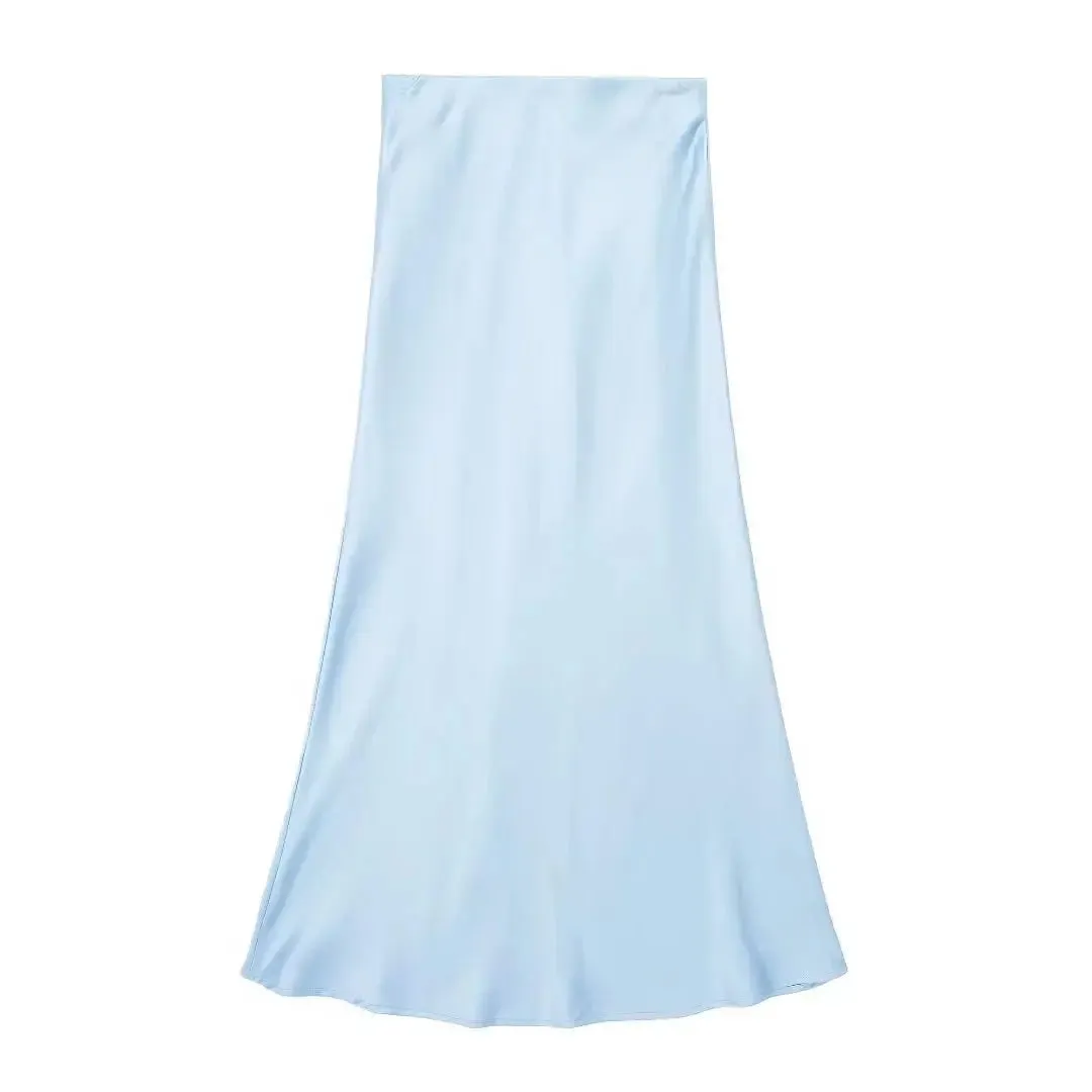 Satin A-Line Midi Skirt for Women – High Waist, Mid-Calf Length