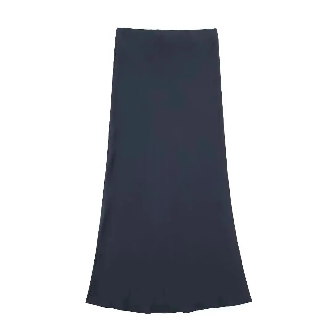 Satin A-Line Midi Skirt for Women – High Waist, Mid-Calf Length