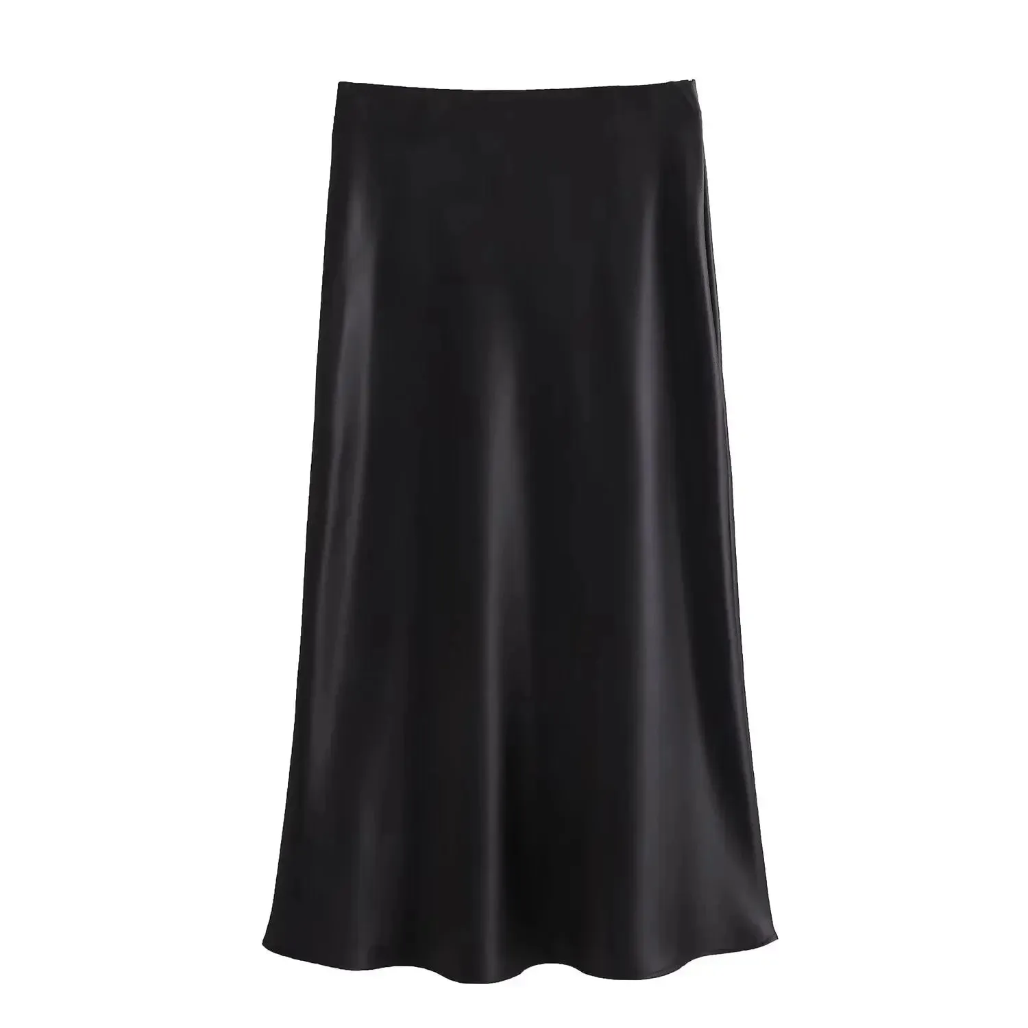 Satin A-Line Midi Skirt for Women – High Waist, Mid-Calf Length