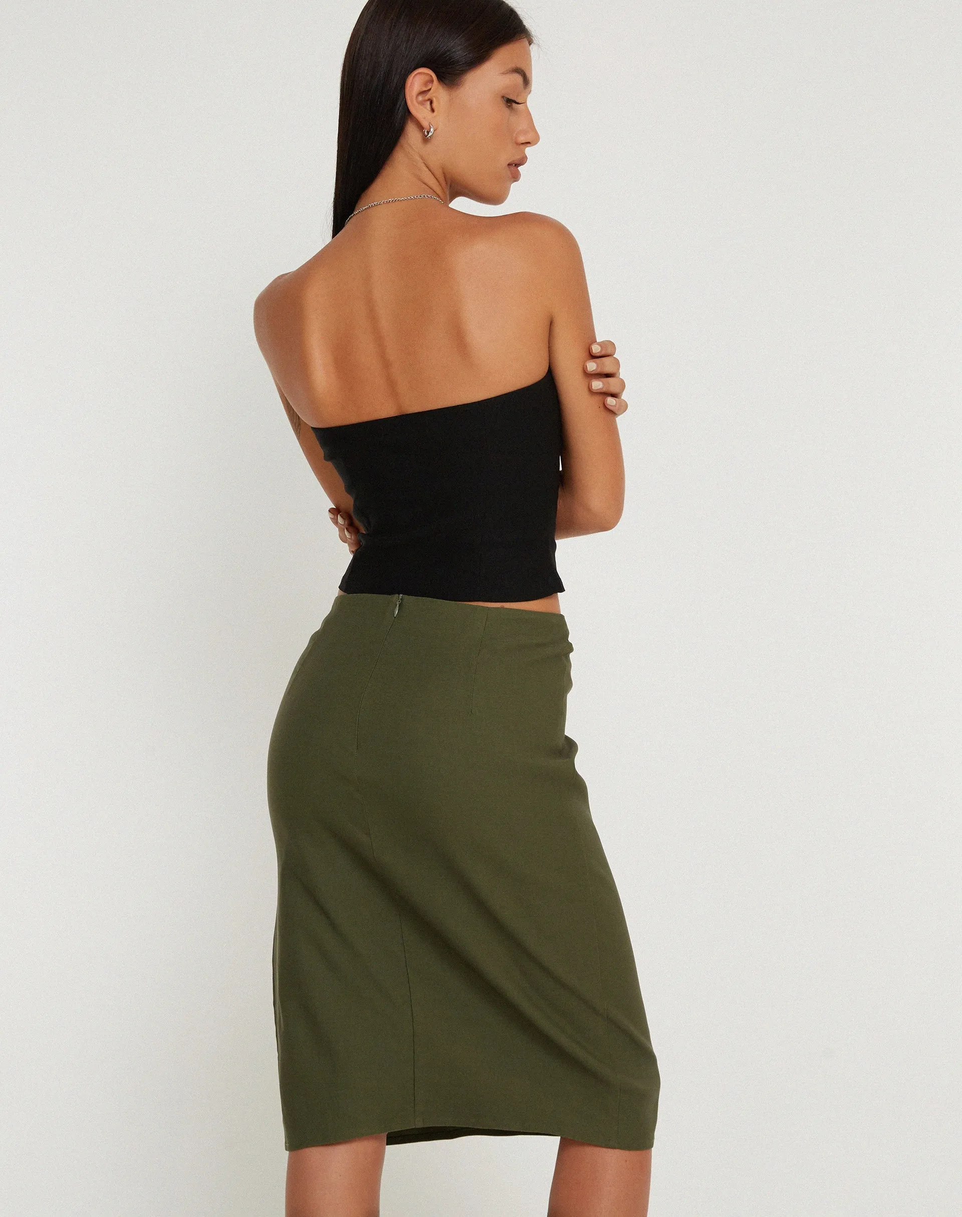 Sekoji Side Slit Midi Skirt in Khaki