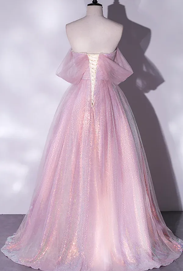 Shiny tulle sequins long pink prom dress A-line evening dress    fg964