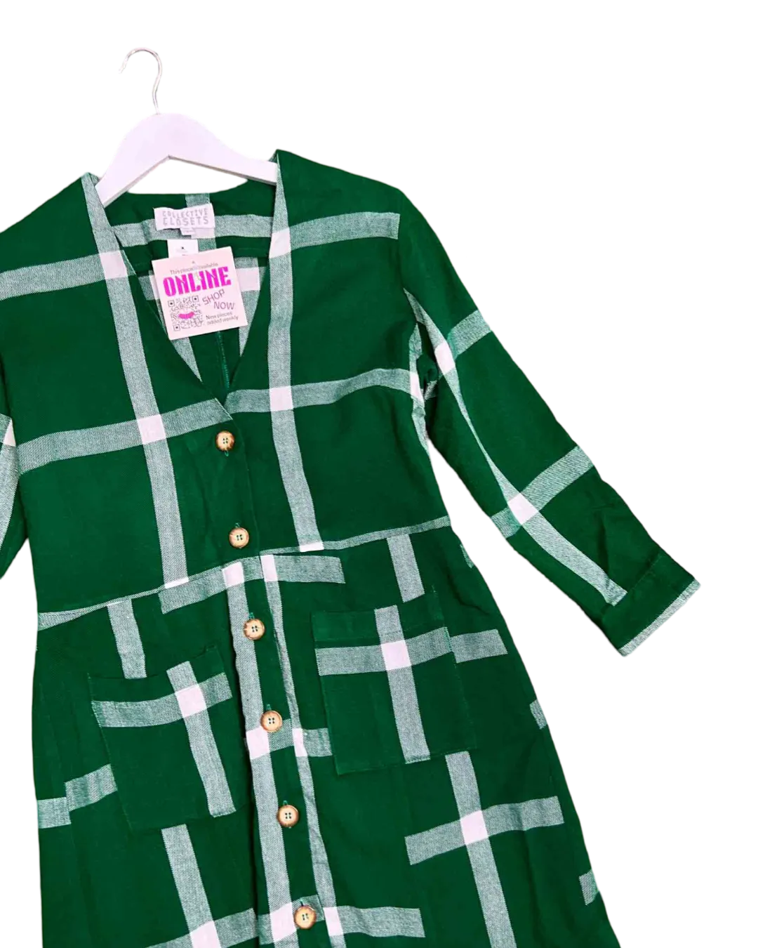 Size L - Collective Closets Green Check Button Front Midi Dress