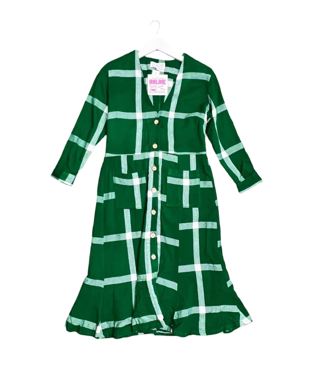 Size L - Collective Closets Green Check Button Front Midi Dress