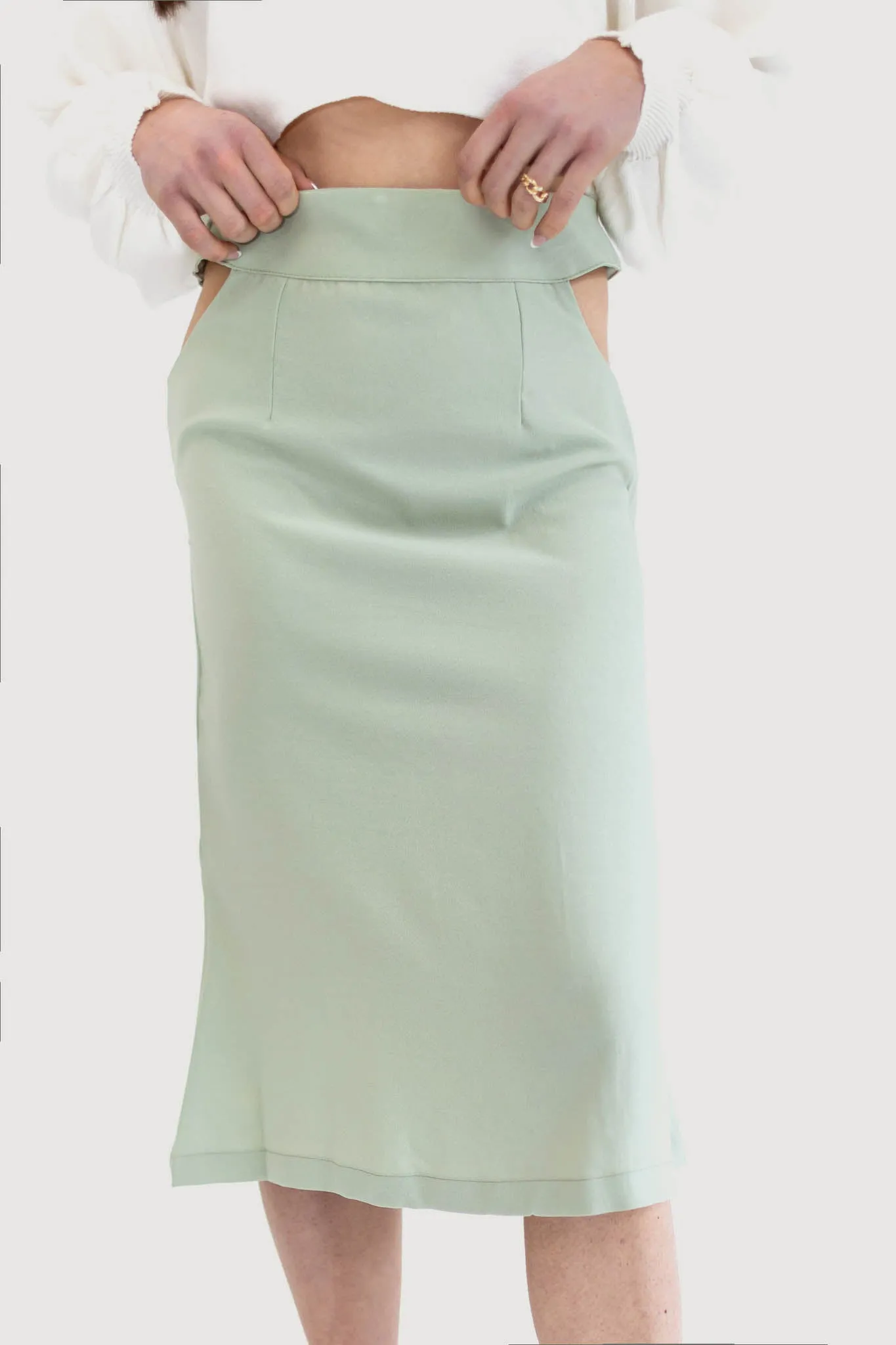 Sleek Satin Midi Skirt with Cut-Out Details