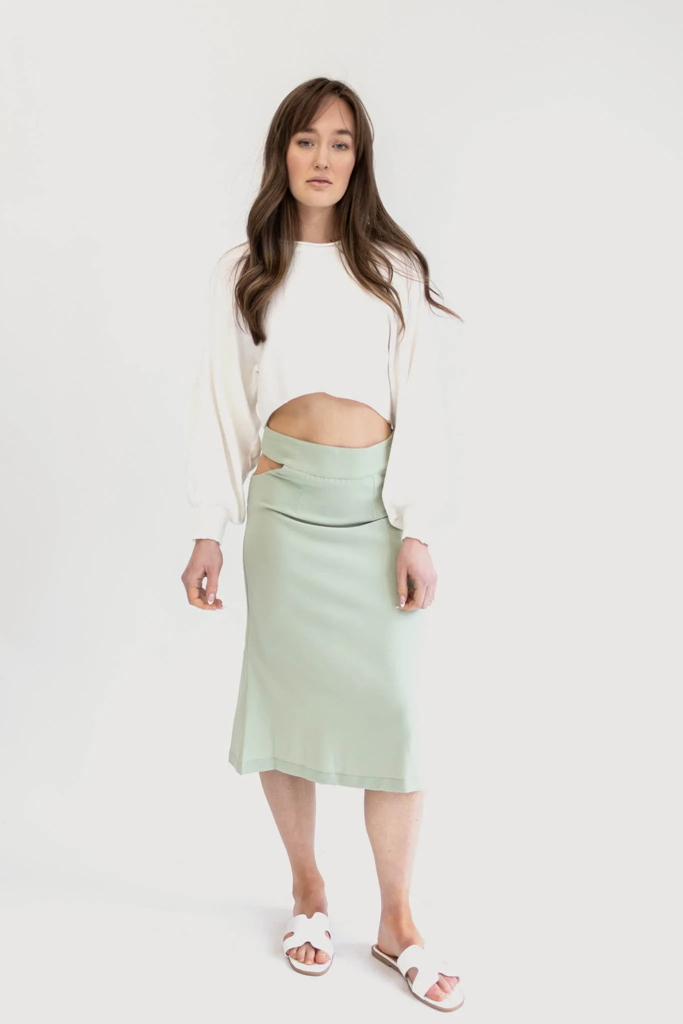 Sleek Satin Midi Skirt with Cut-Out Details