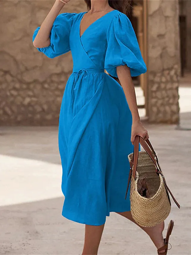 Solid Color Split-ended Bubble Sleeve Lace-up Dress