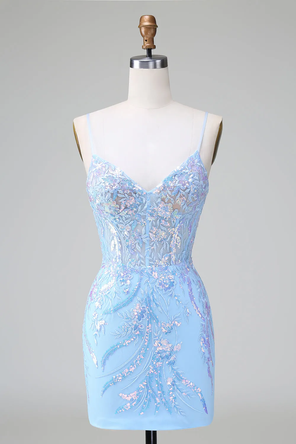 Sparkly Lilac Blue Bodycon Backless Corset Short Homecoming Dress with Sequins