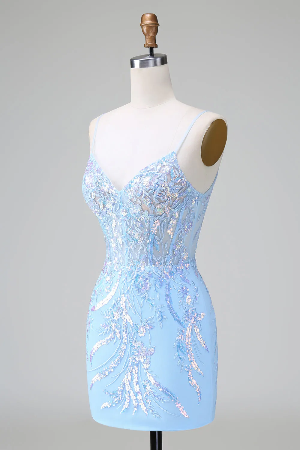 Sparkly Lilac Blue Bodycon Backless Corset Short Homecoming Dress with Sequins