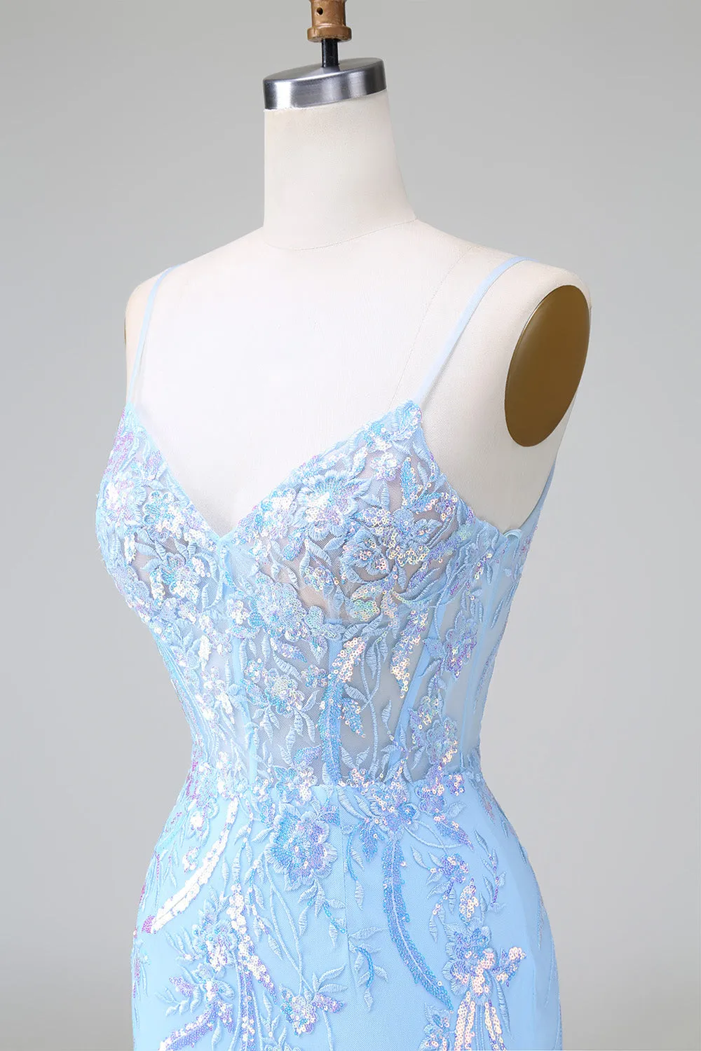 Sparkly Lilac Blue Bodycon Backless Corset Short Homecoming Dress with Sequins