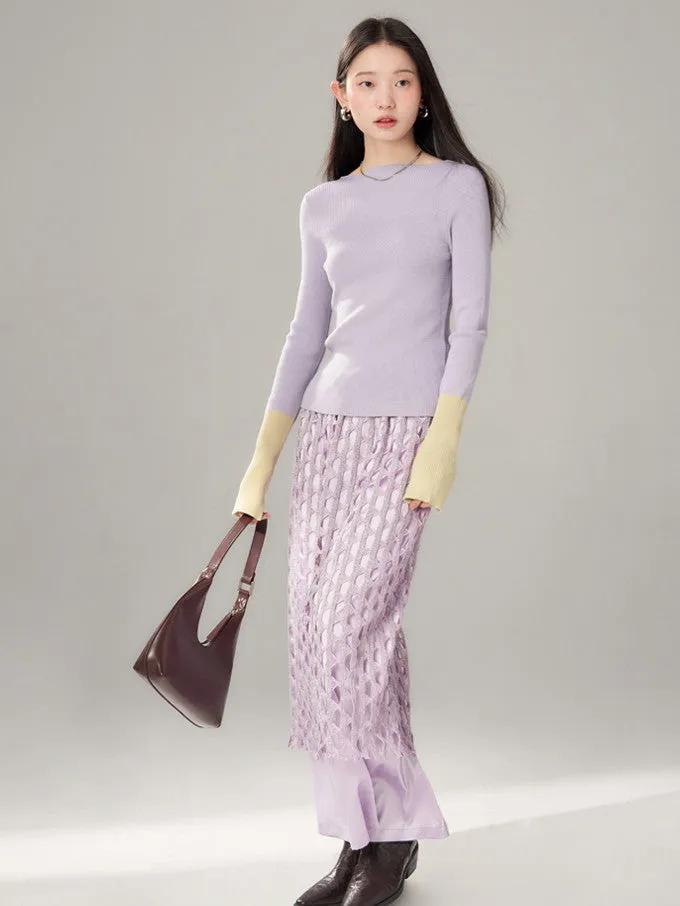 Sparkly Mesh Knit Unique Nichi Plain Satin Long-Skirt