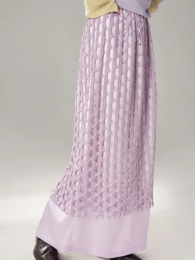 Sparkly Mesh Knit Unique Nichi Plain Satin Long-Skirt